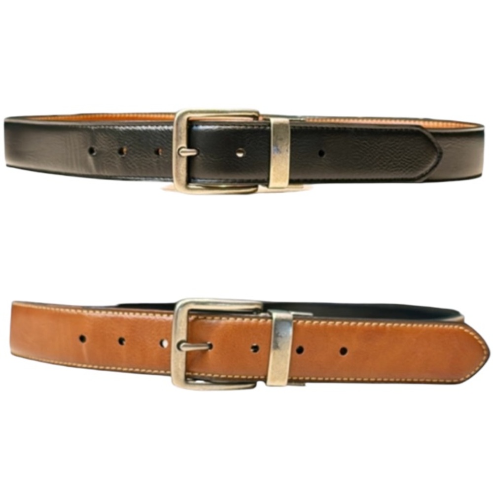 Men’s reversible black brown silver buckle vegan leather dress belt size medium